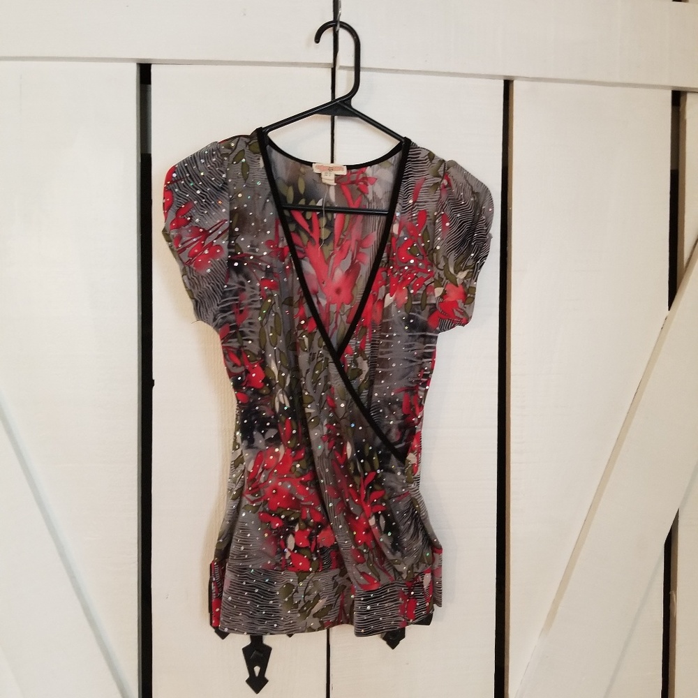 Flowered Grey & Red Wrap Blouse w/ Sequins - XL